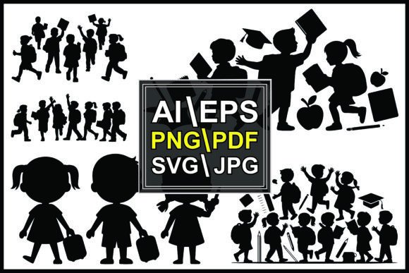 Silhouettes of Children School Supplies