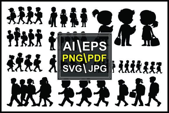Silhouettes of Children Walking Backpack: A Versatile Design Resource for Educators and Creators